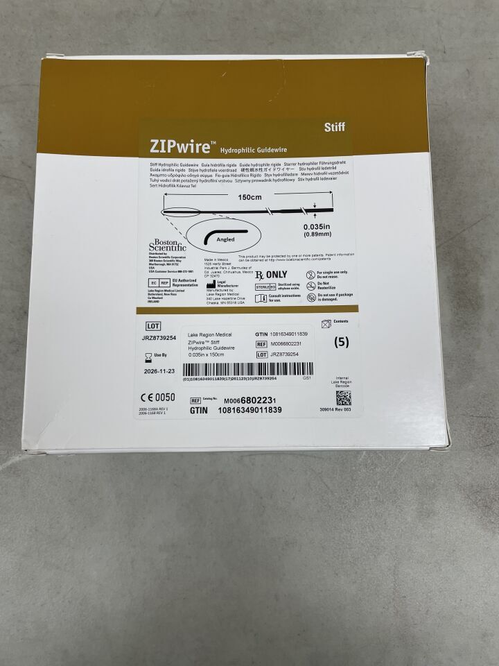 680223 - BOSTON SCIENTIFIC - ZIPwire Hydrophilic Guidewire - Stiff, Angled - .035" x 150cm | Full catalog ref: M0066802230 | Short ref: 680223, (BX/5)