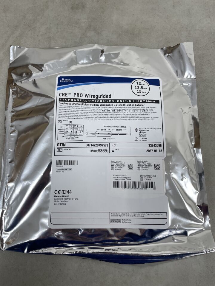 5869 - BOSTON SCIENTIFIC - CRE PRO Wireguided Balloon Dilatation Catheter - Esophageal/Pyloric/Colonic/Biliary - 12mm x 13.5mm x 15mm | Full catalog ref: M00558690 | Short ref: 5869, (EA)