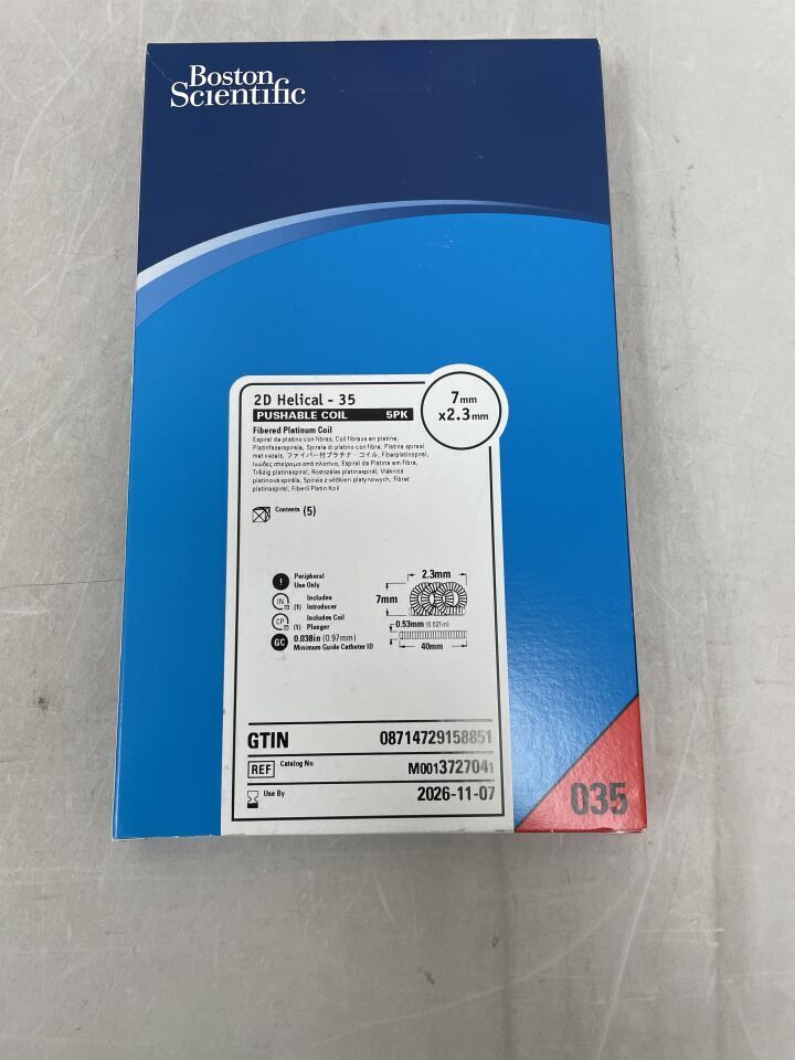 372704 - BOSTON SCIENTIFIC - 2D Helical-35 Pushable Fibered Platinum Coil - 7mm x 2.3mm | Full catalog ref: M0013727040 | Short ref: 372704, (BX/5)
