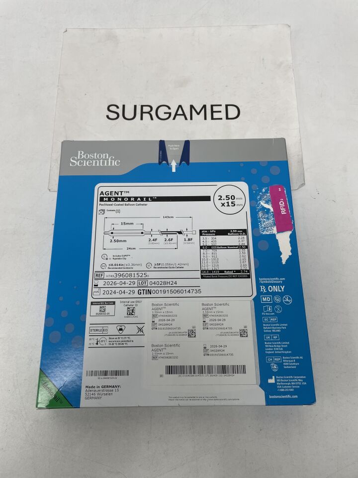 396081525 - BOSTON SCIENTIFIC - AGENT Paclitaxel-Coated Balloon Catheter - Monorail - 2.50mm x 15mm, (BX/1)