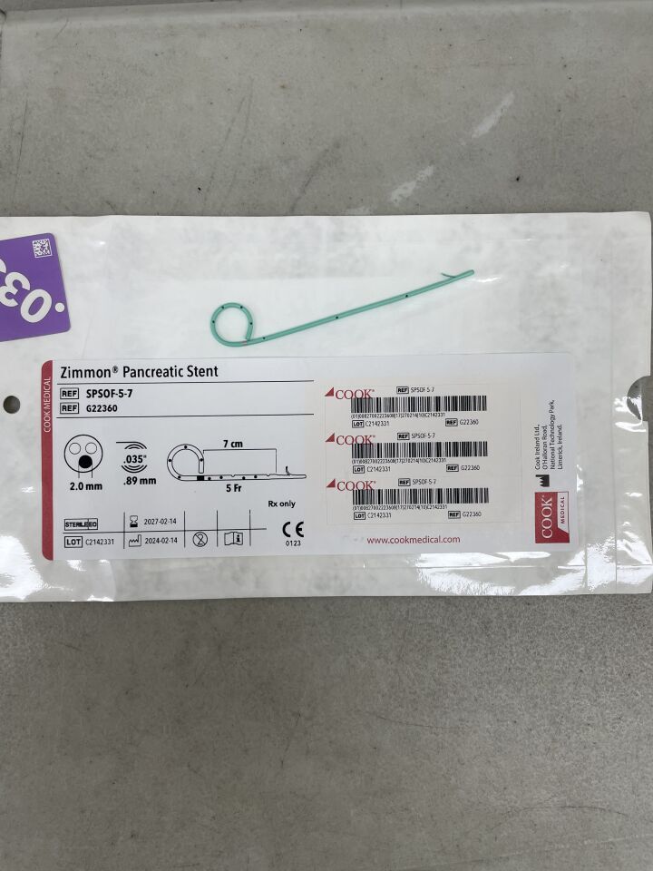 G22360 - COOK - Zimmon Pancreatic Stent 5F X 7CM - UOM EA - expiration 2027-02-14, (EA)