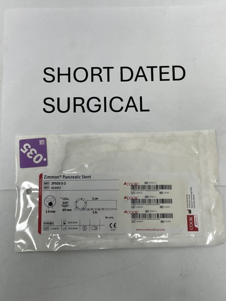 G22453 - COOK - Zimmon Pancreatic Stent - 5Fr x 3cm - UOM EA - expiration 2028-04-04, (EA)