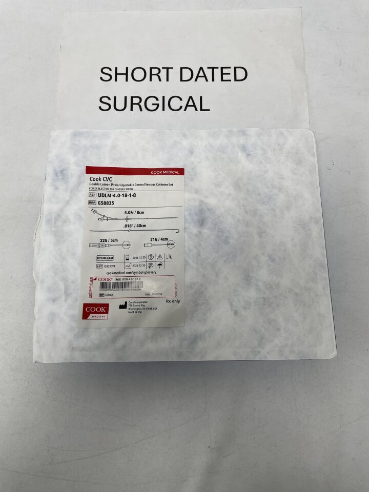G58835 - COOK - Unimpregnated CVC Central Venous Catheter Set, Double Lumen 4F x 8cm - UOM EA - expiration 2026-12-20, (EA)