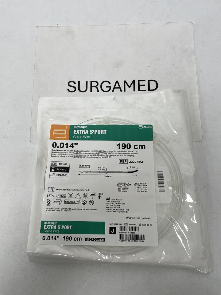 22225MJ - ABBOTT - HI-TORQUE EXTRA S'PORT Guide Wire - J-Tip 3cm - .014" x 190cm, (EA)