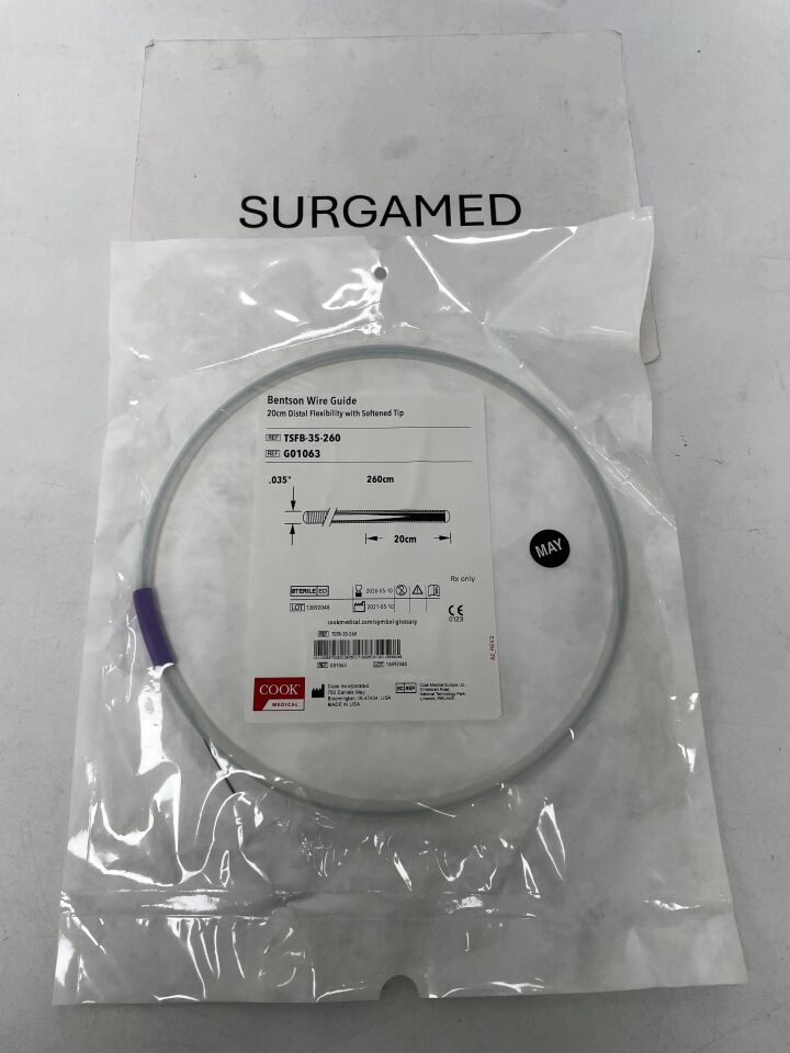 G01063 - COOK - Bentson Wire Guide - 20cm Distal Flexibility with Softened Tip - .035" x 260cm, (EA)