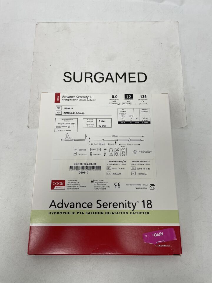 G59810 - COOK - Advance Serenity 18 Hydrophilic PTA Balloon Dilatation Catheter - 0.018" x 8mm x 8cm, (BX)