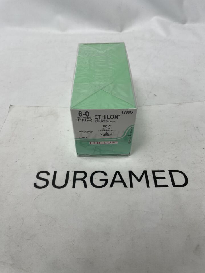 1866G - ETHICON - Ethilon Non-Absorbable Monofilament Nylon Suture, Size 6-0, 18 in. Length, PC-3 Needle, (BX)
