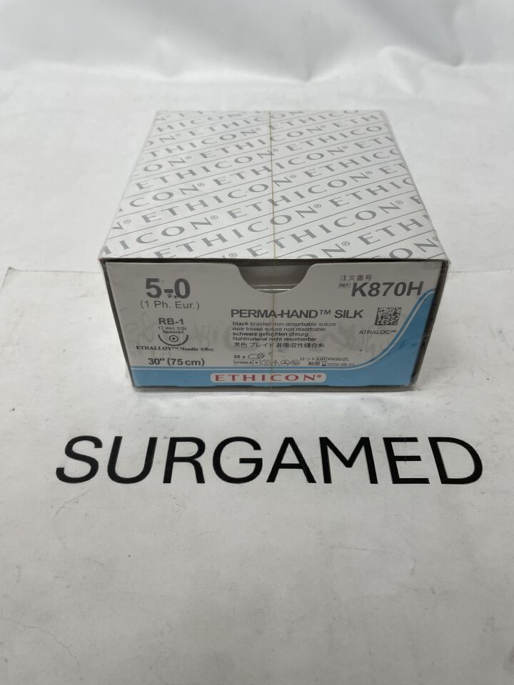 K870H - ETHICON - Perma-Hand Non-Absorbable Braided Silk Suture, Size 5-0, 30 in. Length, RB-1 Needle, (BX)