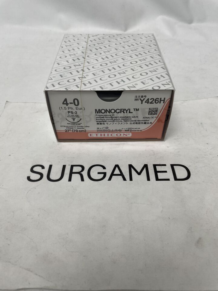 Y426H - ETHICON - Monocryl Absorbable Monofilament Poliglecaprone 25 Suture, Size 4-0, 27 in. Length, PS-2 Needle, (BX)