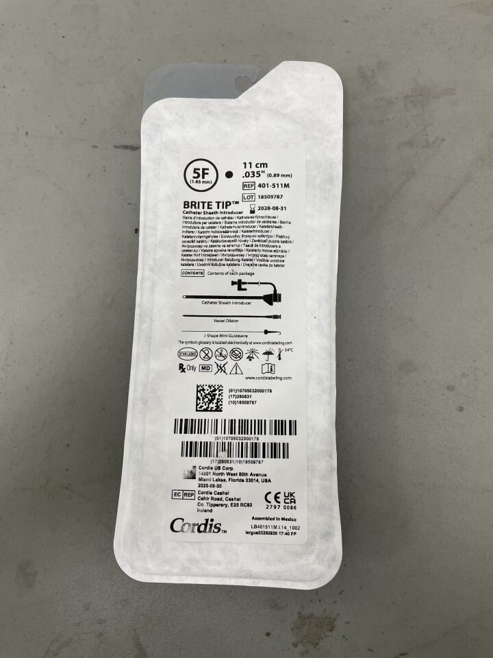 401-511M - CORDIS - Brite Tip SHEATH Introducer - 5Fr x 11cm x .035", (EA)