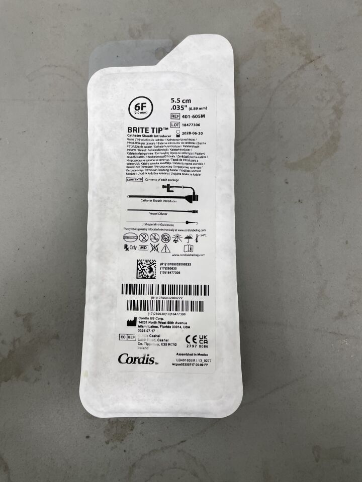 401-605M - CORDIS - Brite Tip Sheath Introducer w/Mini-Wire 6F x 5.5cm, 0.035", (EA)