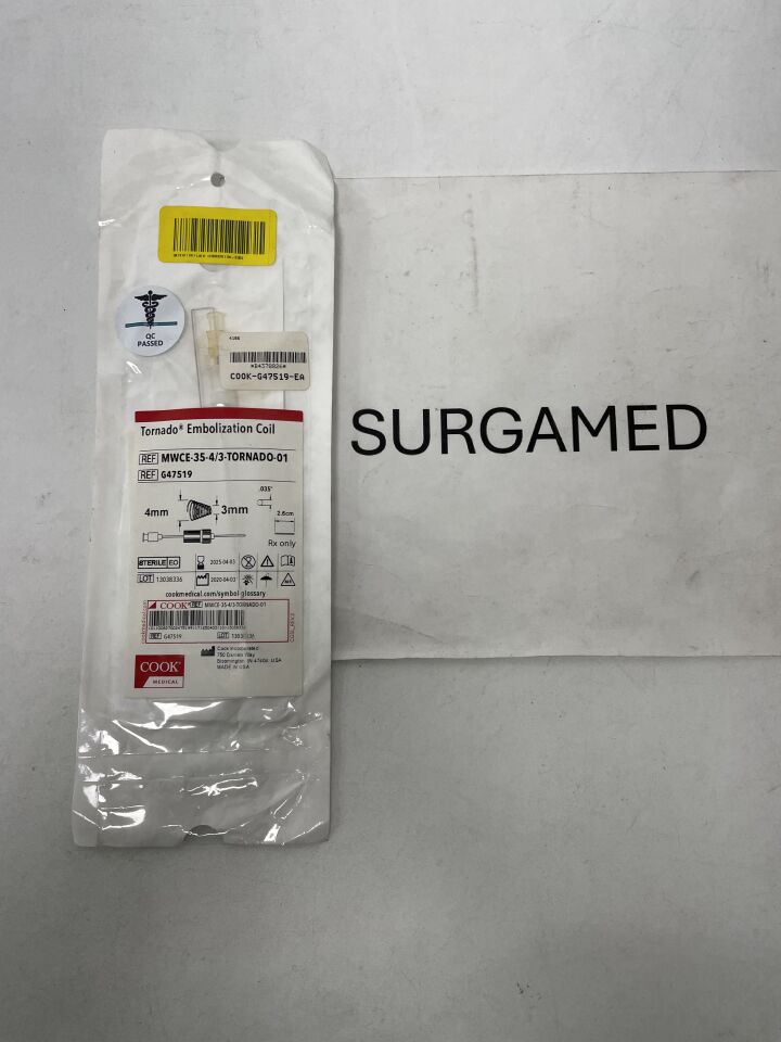 G47519 - COOK - Tornado Embolization Coil - MWCE-35-4/3-TORNADO-01 - .035" x 2.6cm x 4mm/3mm, (EA)