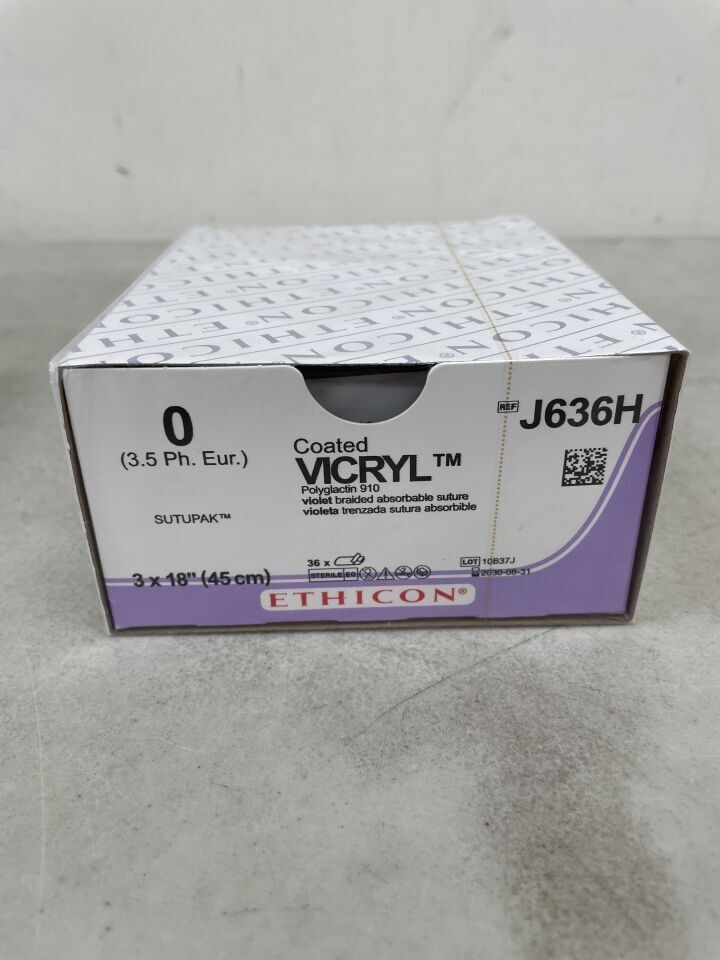 J636H - ETHICON - Coated Vicryl Absorbable Braided Polyglactin 910 Suture, Size 0, 18 in. Length, (BX/36)