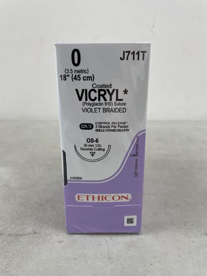 J711T - ETHICON - Coated Vicryl Absorbable Braided Polyglactin 910 Suture, Size 0, 18 in. Length, OS-6 Needle, (BX/24)