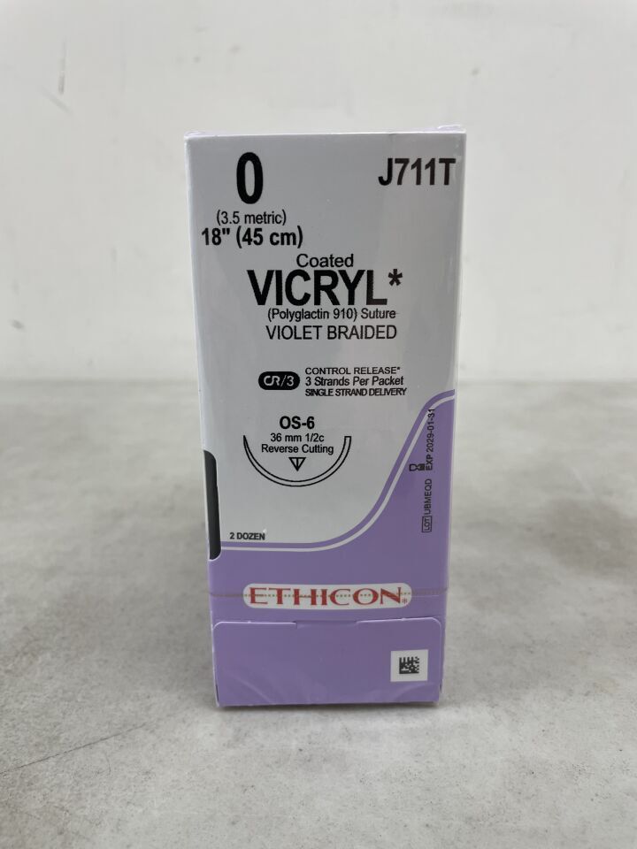 J711T - ETHICON - Coated Vicryl Absorbable Braided Polyglactin 910 Suture, Size 0, 18 in. Length, OS-6 Needle, (BX/24)