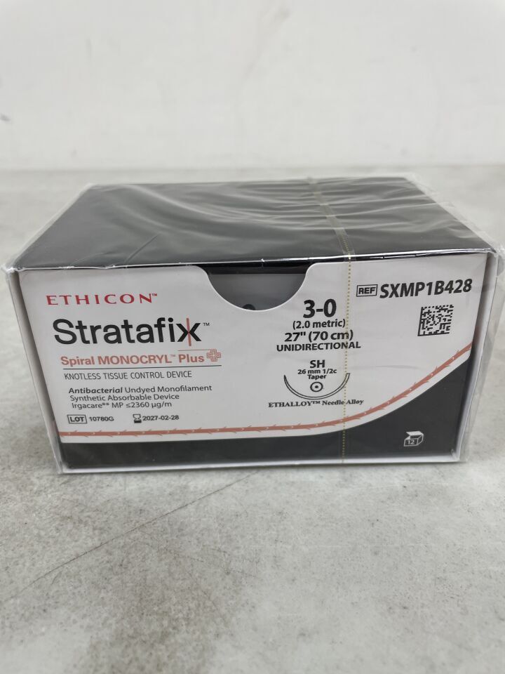SXMP1B428 - ETHICON - STRATAFIX Spiral Monocryl Plus Suture, Taper Point, Absorbable, SH 26mm 1/2 Circle, 27" = 70cm, Size 3-0, (BX/12)
