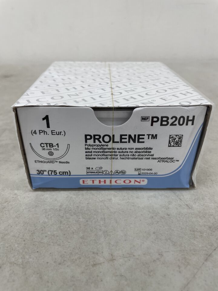 PB20H - ETHICON - PROLENE Polypropylene Suture, ETHIGUARD - Blunt Point, Non-Absorbable Blue Monofilament 30" = 75cm, Size: 1, (BX/36)