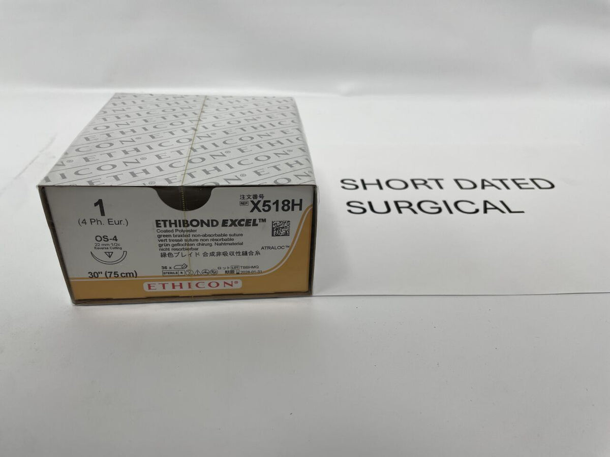 X518H - ETHICON - ETHIBOND EXCEL Polyester Suture, Reverse Cutting, Non-Absorbable, OS-4 22mm � Circle, Green Braided 30" = 75cm, Size: 1-0, (BX/36)