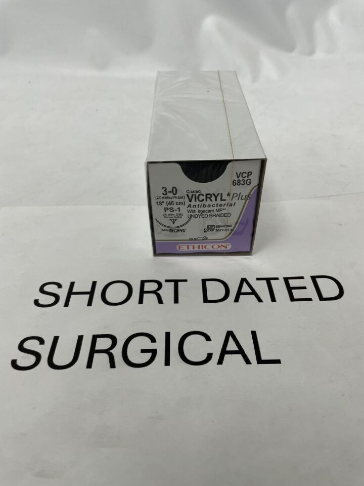 VCP683G - ETHICON - Coated Vicryl Plus Absorbable Braided Antibacterial Suture, Size 3-0, 18 in. Length, PS-1 Needle, (BX/12)