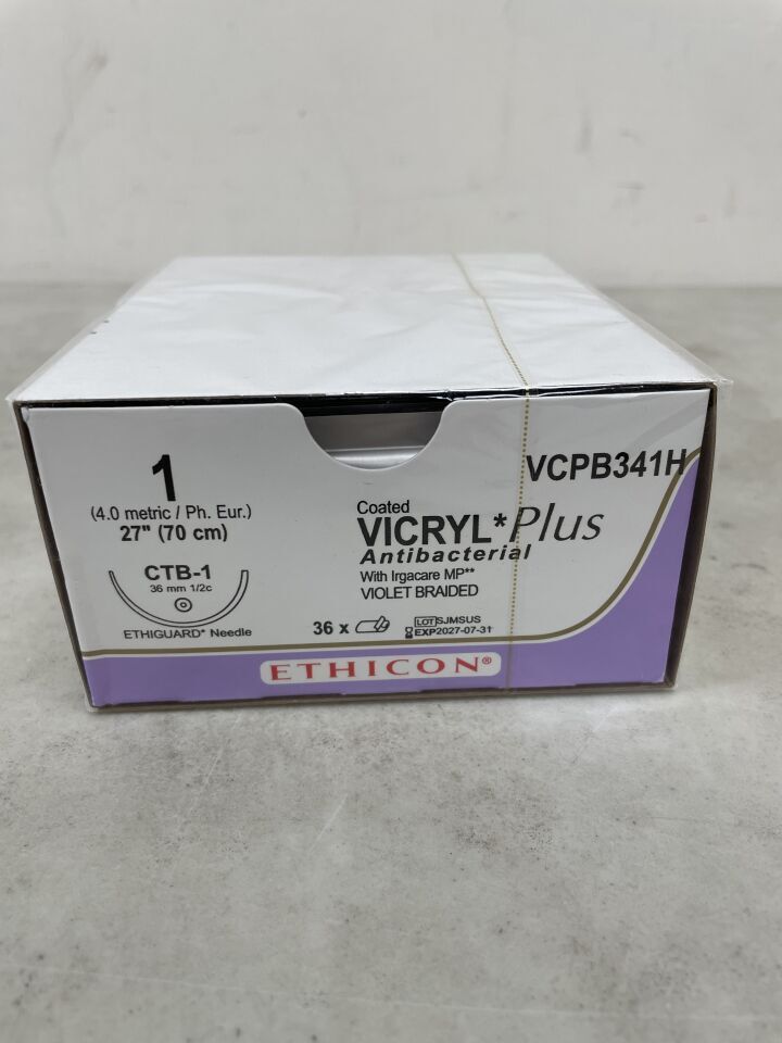 VCPB341H - ETHICON - COATED VICRYL ETHIGUARD - Blunt Point, Absorbable, CTB-1 36mm � Circle, Violet Braided, 27" = 70cm, Size: 1-0, (BX/12)