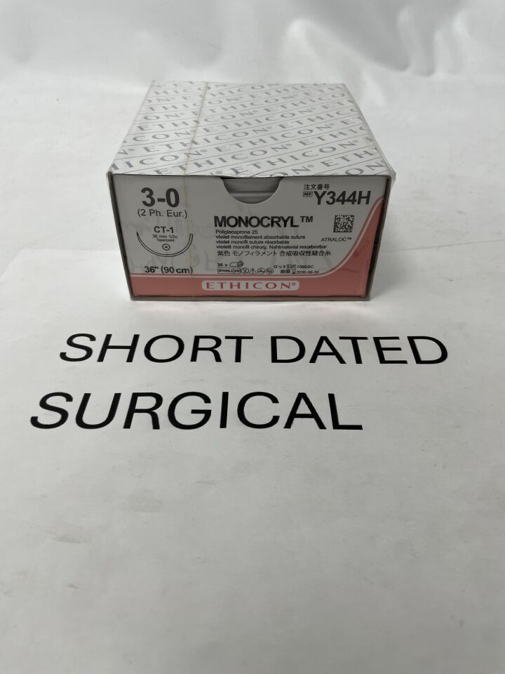 Y344H - ETHICON - Monocryl Absorbable Monofilament Poliglecaprone 25 Suture, Size 3-0, 36 in. Length, CT-1 Needle, (BX/36)