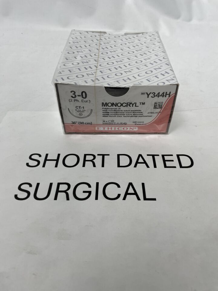 Y344H - ETHICON - Monocryl Absorbable Monofilament Poliglecaprone 25 Suture, Size 3-0, 36 in. Length, CT-1 Needle, (BX/36)
