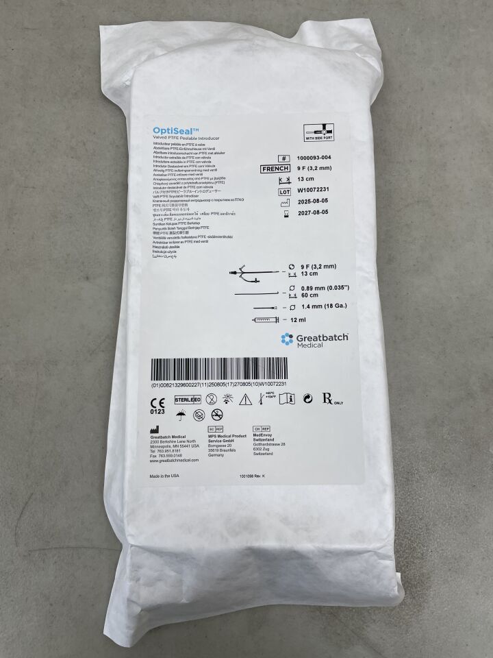 1000093-004 - GREATBATCH - OptiSeal Valved Peelable PTFE Introducer W/SIDE PORT 9F X 13CM, (EA)