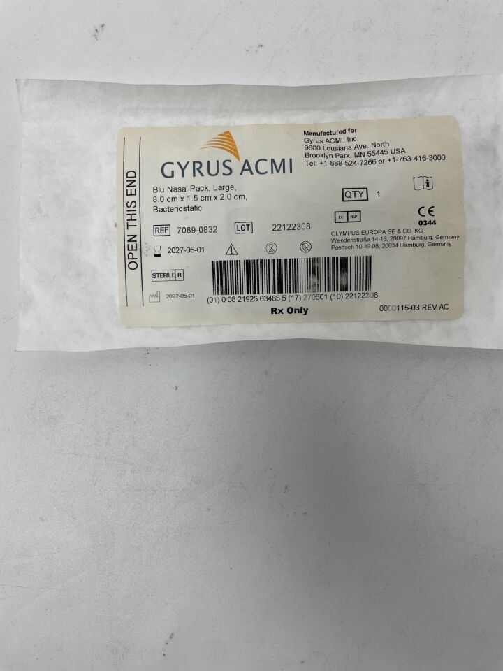 7089-0832 - GYRUS - Blu Nasal Pack, Large 8.0cm x 1.5cm x 2.0cm, (EA)