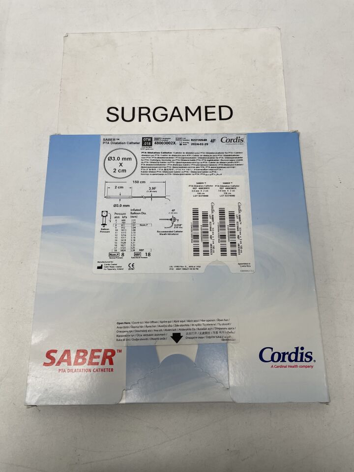 48003002X - CORDIS - Saber OTW PTA Dilatation Catheter - 3mm x 20mm, 150cm, (BX)