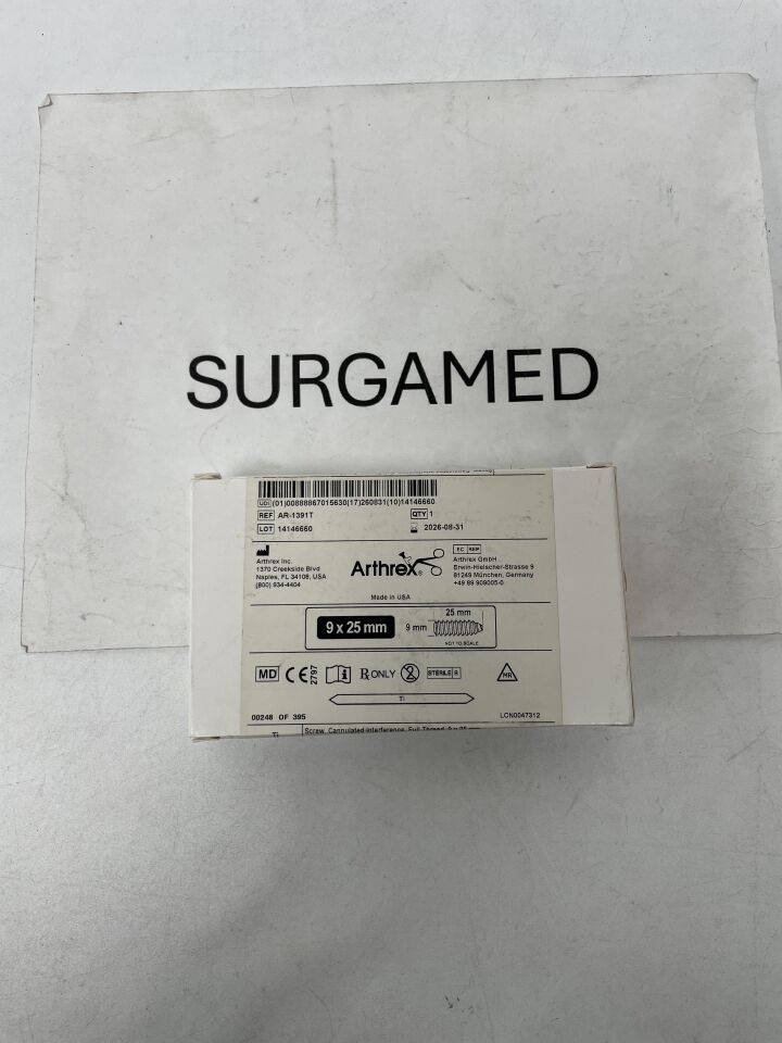 AR-1391T - ARTHREX - Full Thread Cannulated Interference Screw: 9mm x 25mm, (BX)