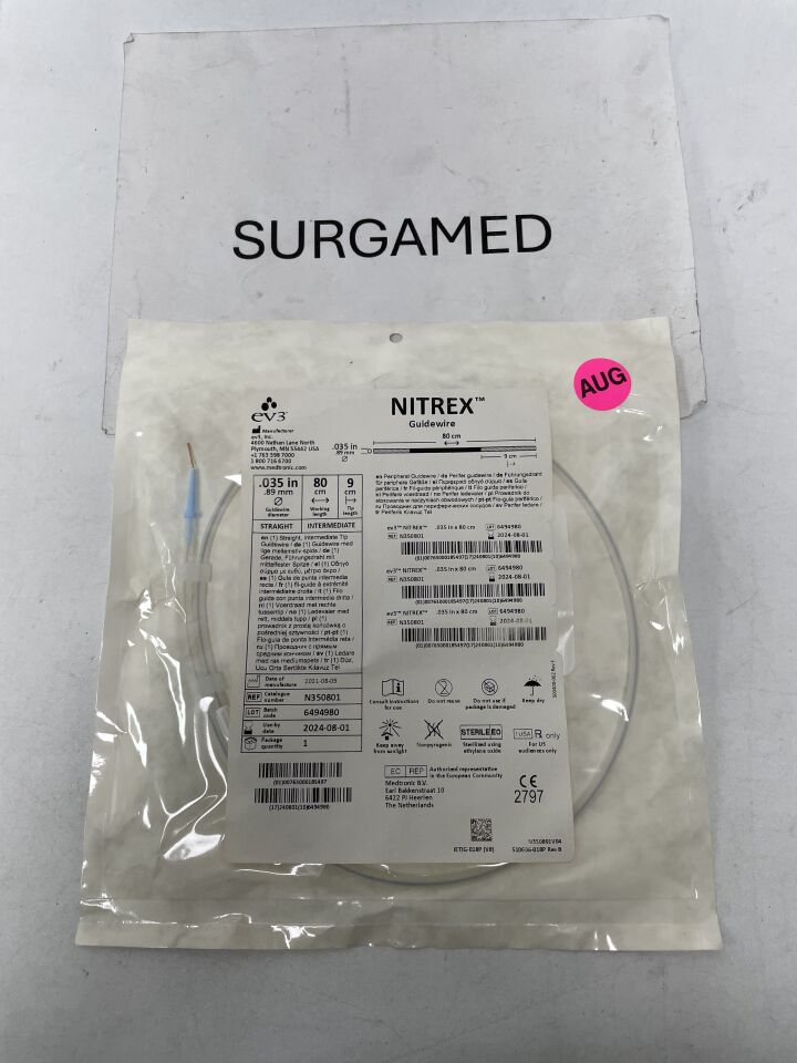 N350801 - EV3 - Nitrex Guidewire - Straight Intermediate - .035" x 80cm x 9cm, (EA)