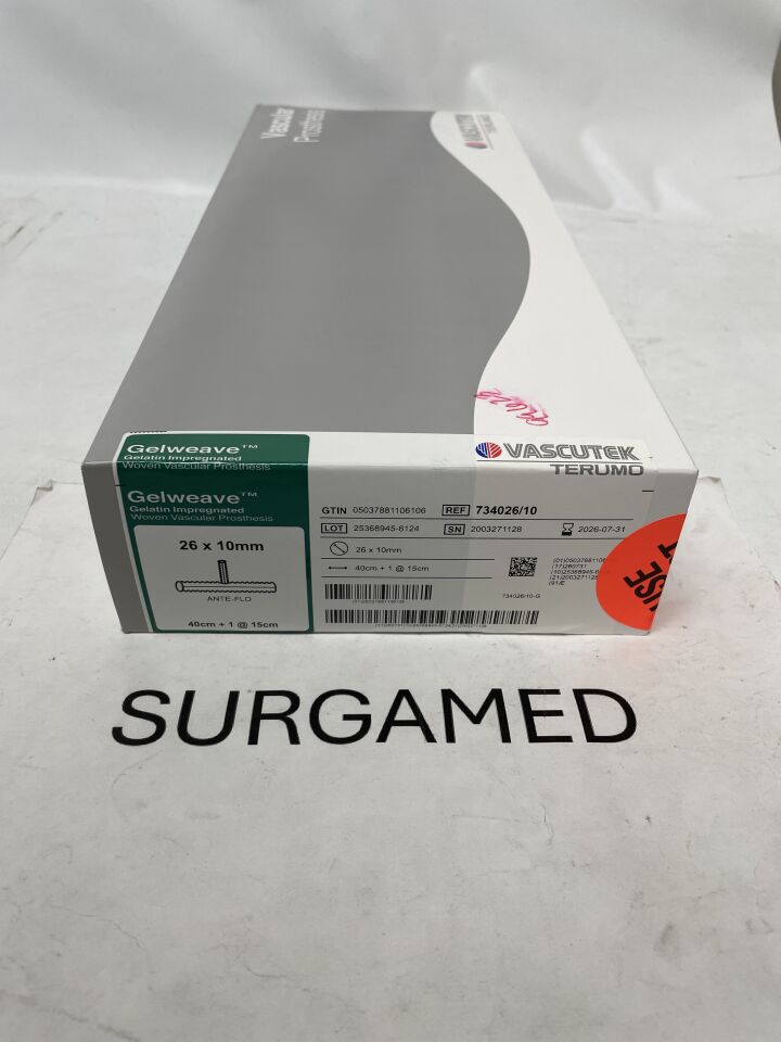 734026/10 - TERUMO - Vascutek Gelweave Ante-Flo Vascular Graft, 26mm x 10mm, (BX)