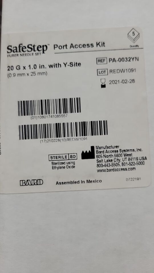 PA-0032YN - BARD - SafeStep Port Access Kit Huber Needle Set 20G x 1.0in with Y-Site - Lot REDW1091, (BX/5)