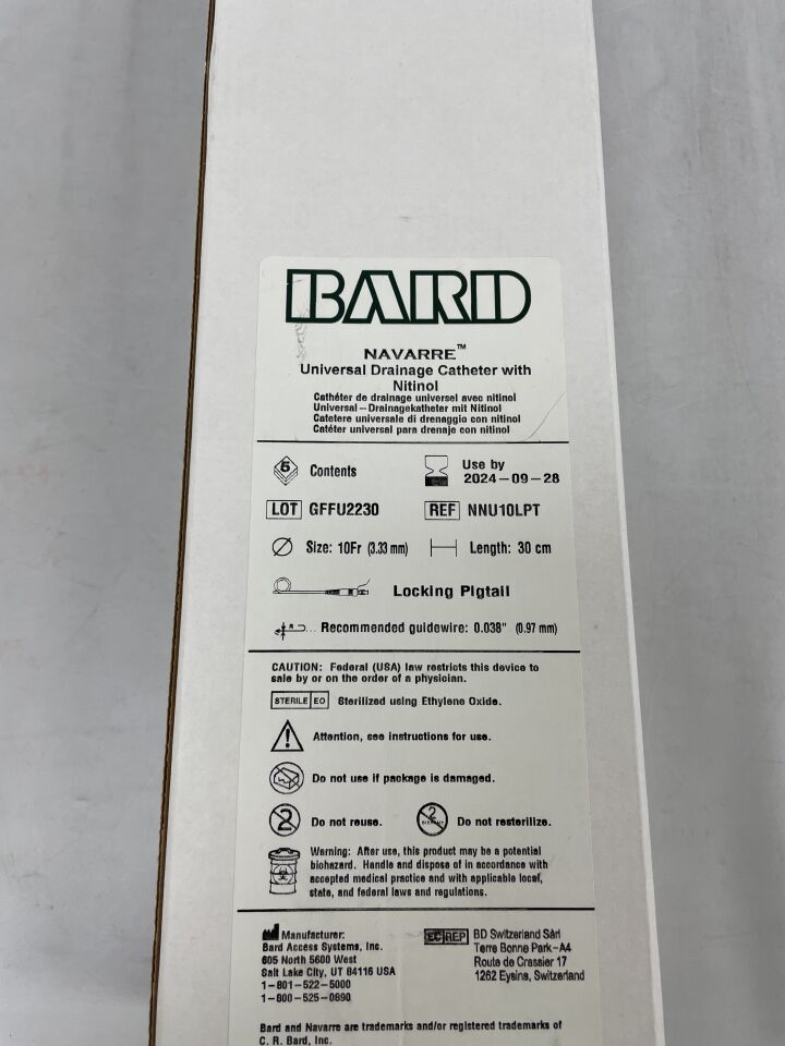 NNU10LPT - BARD - Navarre Universal Drainage Catheter with Nitinol, Locking Pigtail, 10 fr x 30 cm BOX OF 5, (BX/5)
