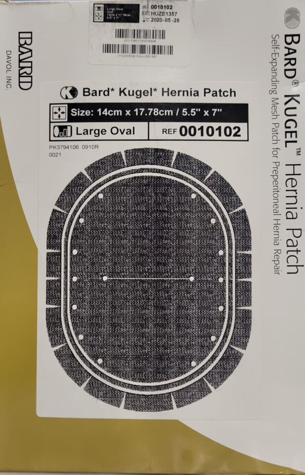 0010102 - BARD - kugel hernia patch self-expanding mesh patch for preperitoneal hernia repair, large oval, 5.5" x 7", (BX/2)
