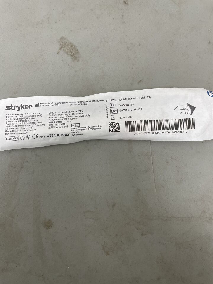 0406-630-135 - STRYKER - RF Cannula, HF-Surgery 20G x 100mm, 15mm Tip, Curved, (EA)
