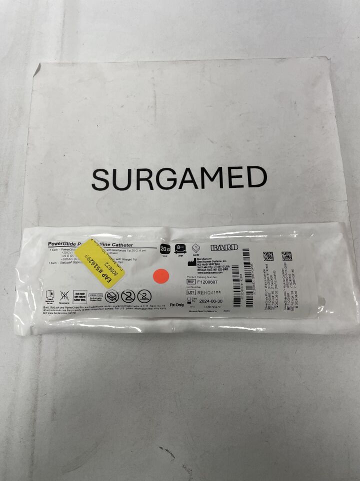 F120080T - BARD - PowerGlide Pro Midline Catheter w/Reinforced Tip, Basic Tray 20G x 8cm, (EA)