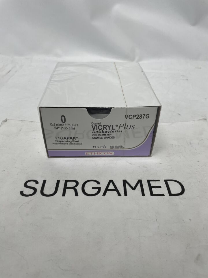 VCP287G - ETHICON - Coated Vicryl Plus Absorbable Braided Antibacterial Suture, Size 0, 54 in. Length, Ligapak Reel Needle, (BX/12)