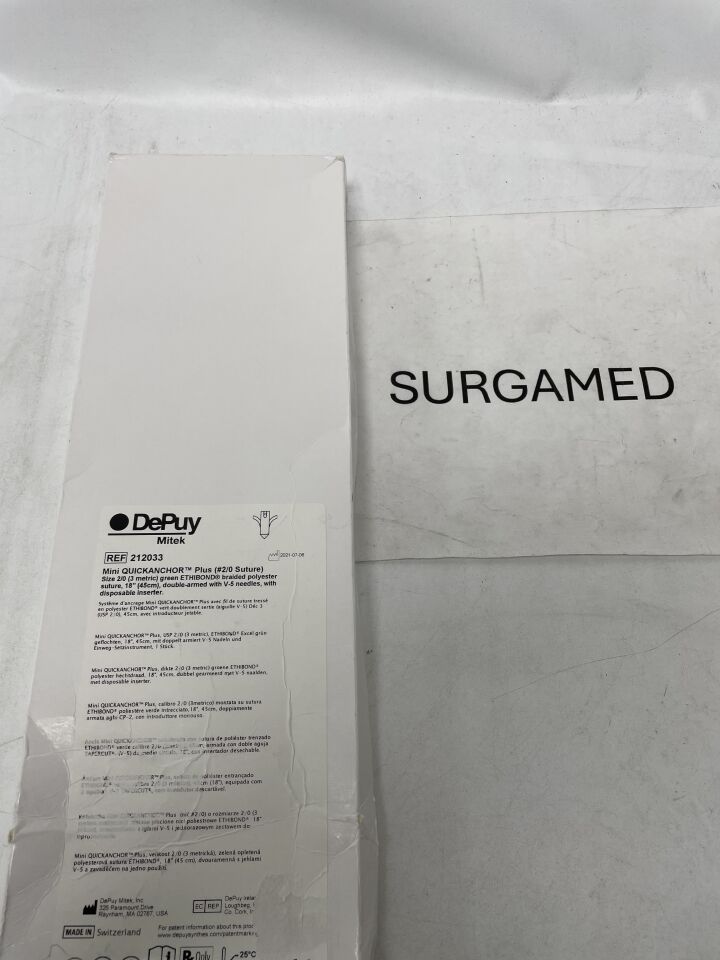 212033 - DEPUY - Mini Quick Anchor Plus, Size 2-0, Green Ethibond Braided Polyester Suture, 18in length, V-5 needle, (BX/1)