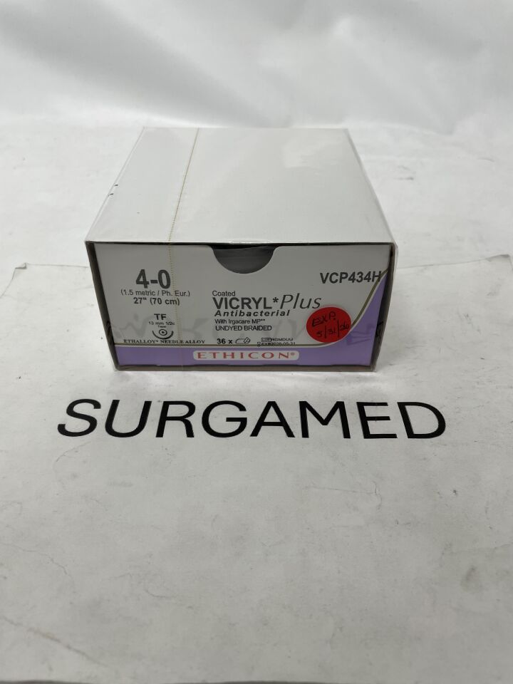 VCP434H - ETHICON - Coated Vicryl Plus Absorbable Braided Antibacterial Suture, Size 4-0, 27 in. Length, RB-2 Needle, (BX/36)