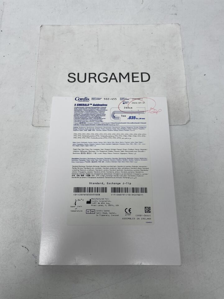 502-455 - CORDIS - Emerald Guidewire - Standard, Exchange J-Tip - .035" x 3mm x 260cm, (BX/5)