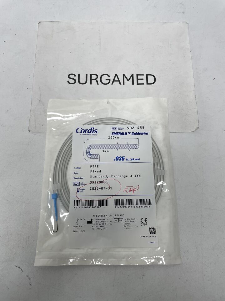 502-455 - CORDIS - Emerald Guidewire - Standard, Exchange J-Tip - .035" x 3mm x 260cm, (EA)