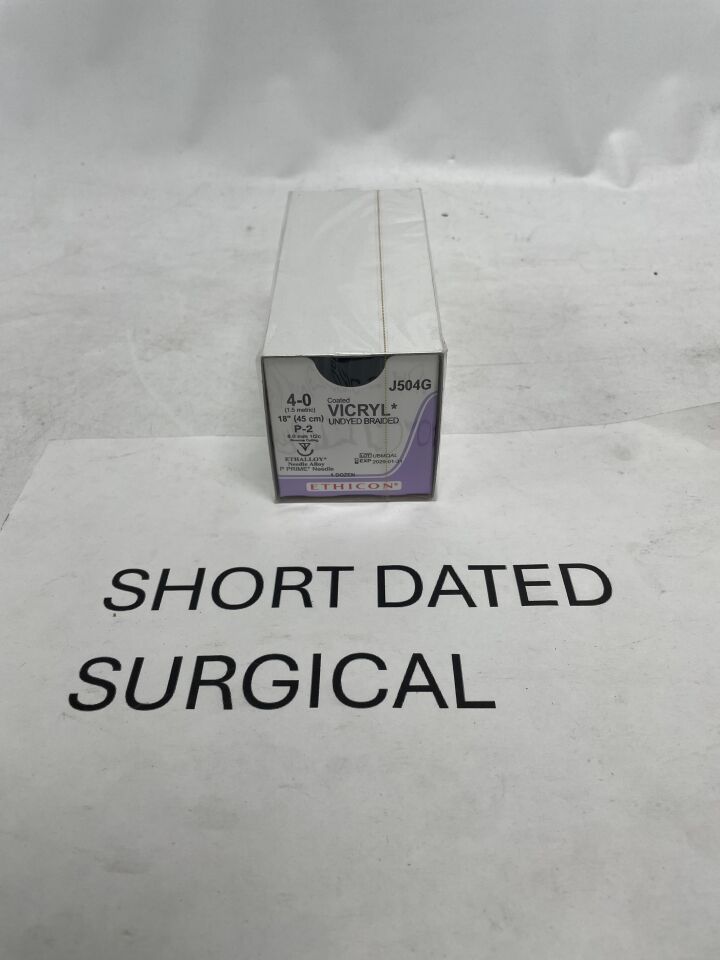 J504G - ETHICON - Coated Vicryl Absorbable Braided Polyglactin 910 Suture, Size 4-0, 18 in. Length, P-2 Needle, (BX/12)