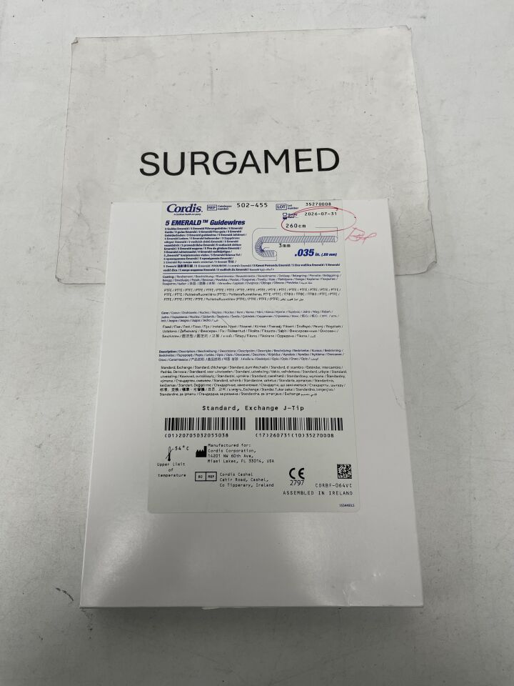 502-455 - CORDIS - Emerald Guidewire - Standard, Exchange J-Tip - .035" x 3mm x 260cm, (BX/5)
