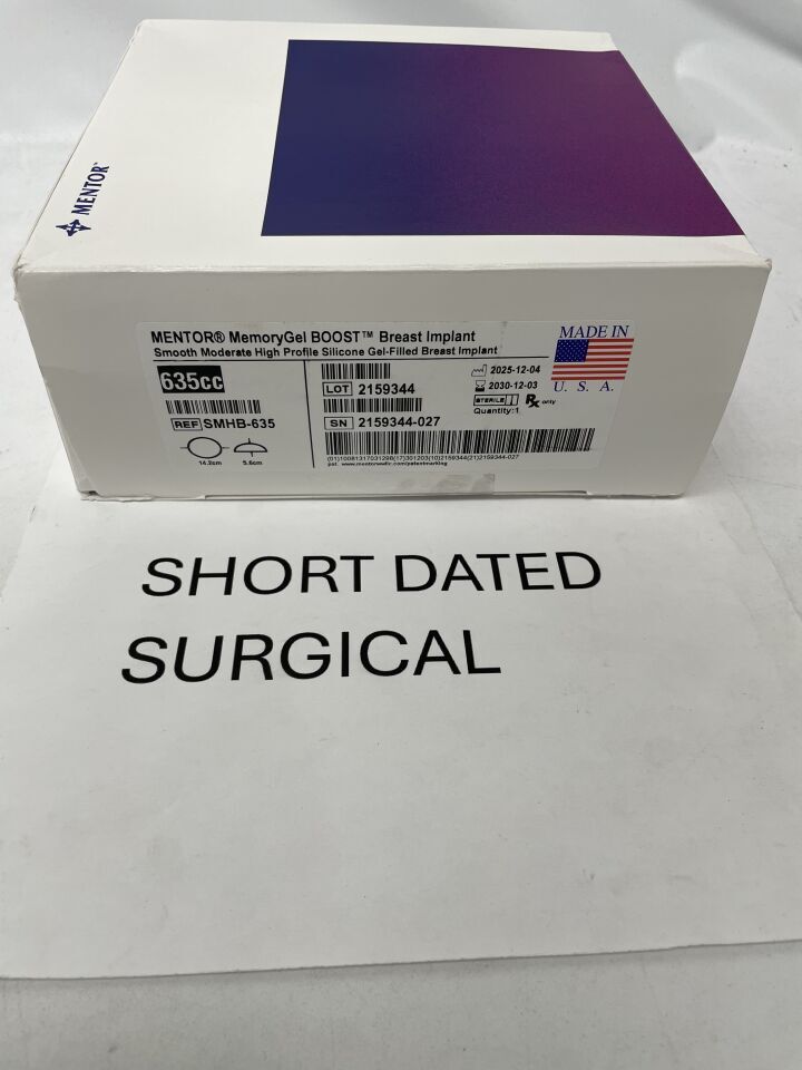 SMHB-635 - MENTOR - MemoryGel BOOST Breast Implant, Smooth Moderate High Profile, 635cc Smooth Round Silicone, (BX/1)