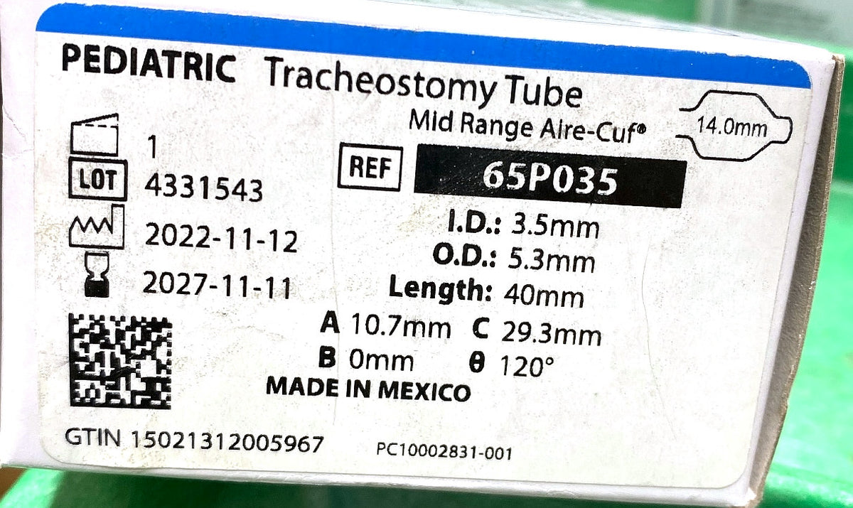 65P035 - SMITHS MEDICAL - Aire-Cuf Neonatal and Pediatric Trach Tube - Aire-Cuf Tracheostomy Tube, Neonatal, 3.5 mm, (BX/1)