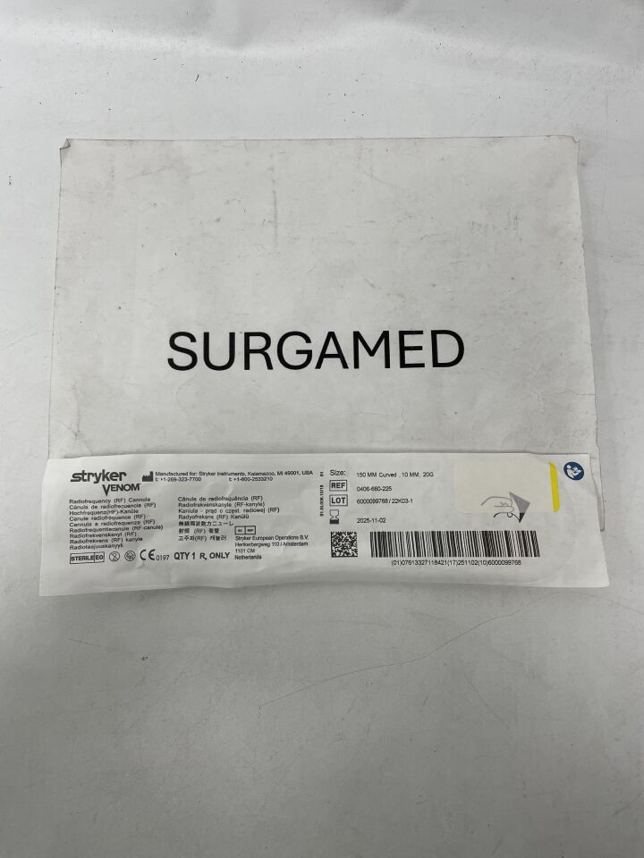 0406-660-225 - STRYKER - Venom RF Cannula, HF-Surgery, 20G x 150mm, 10mm Tip, Curved, (EA)