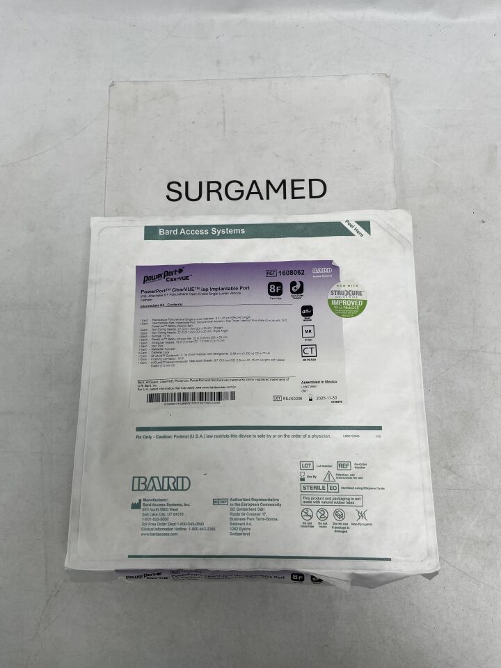 1608062 - BARD - PowerPort ClearVUE Implantable Port with Attachable Polyurethane Open-Ended Single-Lumen Venous Catheter - 8Fr x 45cm, (EA)