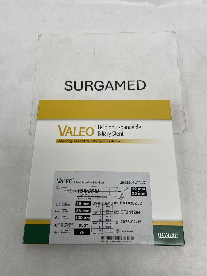 EV10262CD - BARD - VALEO Balloon Expandable Biliary Stent - 10mm x 26mm x 120cm, (BX/1)