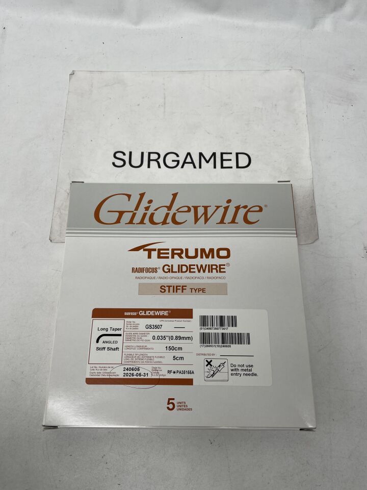 GS3507 - TERUMO - Radifocus Glidewire - Angled Stiff Shaft, Long Taper - .035" x 150cm x 5cm, (BX/5)